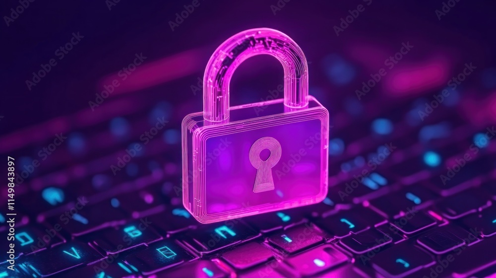 Poster Cyber Security: Digital Padlock on Keyboard.