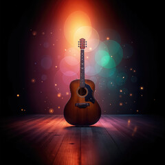 A brown acoustic guitar on stage is by colorful spotlights with floating musical notes set against...