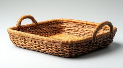 Fototapeta premium Square wicker basket with two handles on a white background.