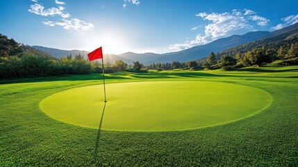 Golf Course Serenity, sunrise against mountain backdrop, vibrant green landscape, red flag on putting green.
