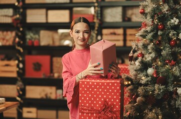 Festive atmosphere fills the room as a cheerful person wraps presents among colorful decorations...