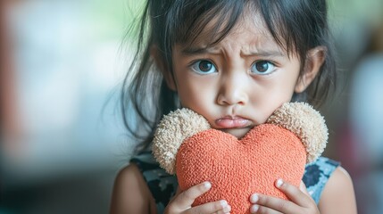 A young girl with a concerned expression holds a soft heart-shaped toy, conveying emotions of sadness and longing.