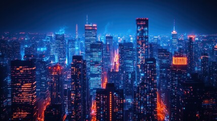 Fototapeta premium Night city skyline, vibrant lights, glowing buildings.