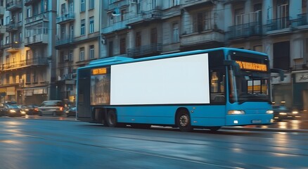 A moving bus with a white blank billboard in an empty city. Featuring a large white mockup space for branding or advertising.