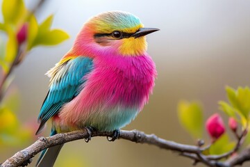Fototapeta premium Colorful bird perched on a branch surrounded by blooming flowers in a natural setting