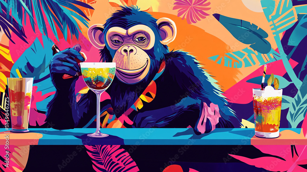 Poster a playful monkey mixing drinks at a luxurious office bar, with colorful patterns representing networ
