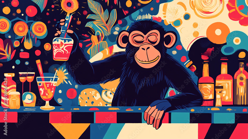 Poster a playful monkey mixing drinks at a luxurious office bar, with colorful patterns representing networ