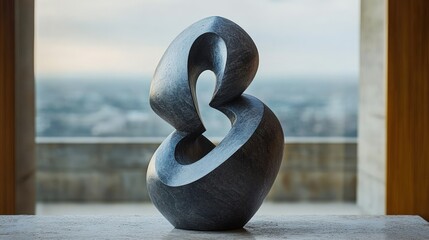 Naklejka premium Abstract dark grey stone sculpture, serene outdoors.