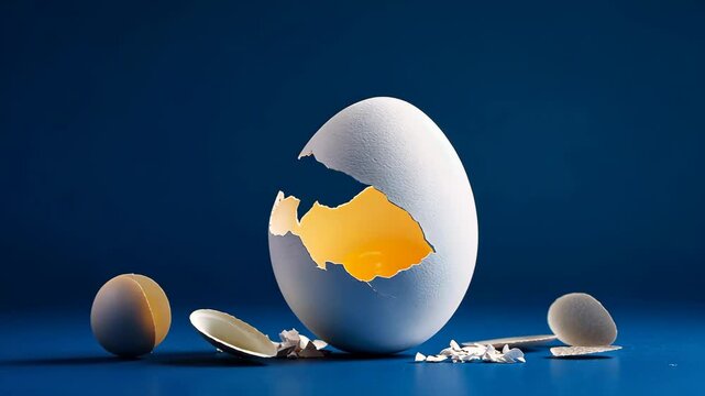 Cracked eggshell sits on a blue surface. The egg is broken in half, revealing the yolk and egg white inside. The cracked shell and the broken egg create a sense of fragility and vulnerability