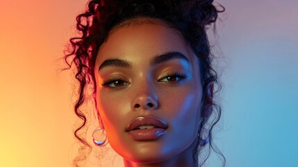 Woman with curly hair and a pretty face. She is wearing earrings and has a smile on her face