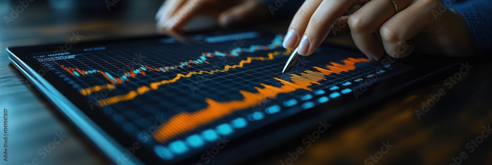 Poster close-up of hands using stylus on tablet displaying financial charts.