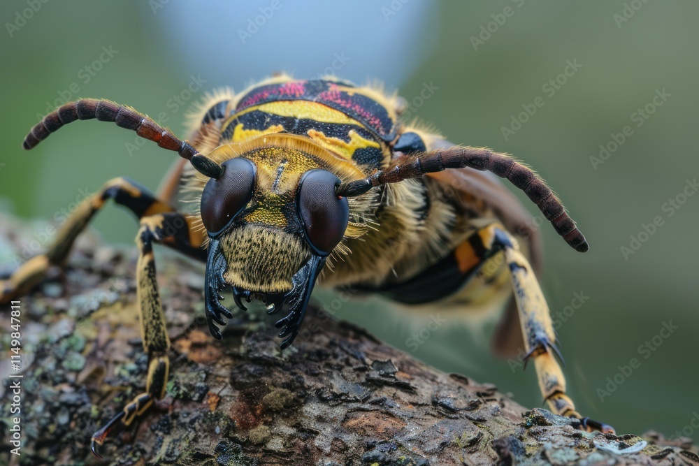 Poster close up of a colorful longhorn beetle exploring a rough tree branch, showcasing its intricate detai
