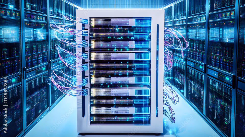 Poster white and blue abstract network on server room data center 3d rendering, connection network data cen