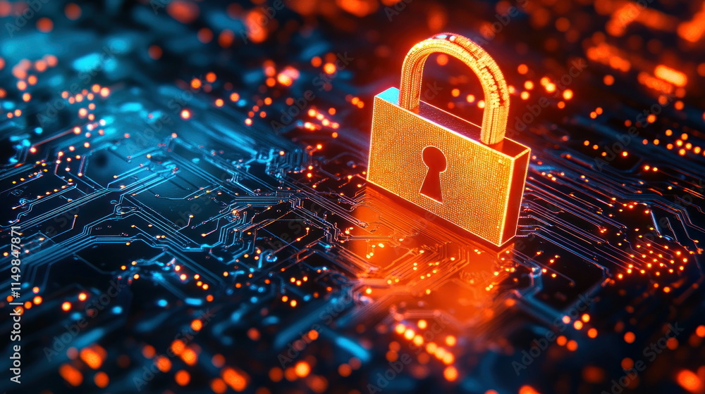 Aufkleber cyber security: padlock on circuit board.