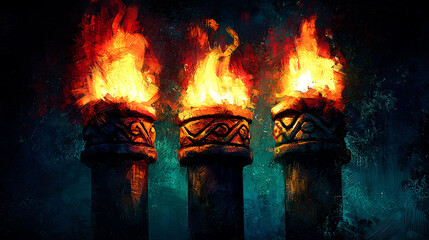Obraz premium Three burning torches on dark background.