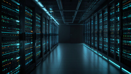 Fototapeta premium Advanced Data Center with Rack Servers and Supercomputers, Featuring High-Speed Internet and Digital Visualization Projection