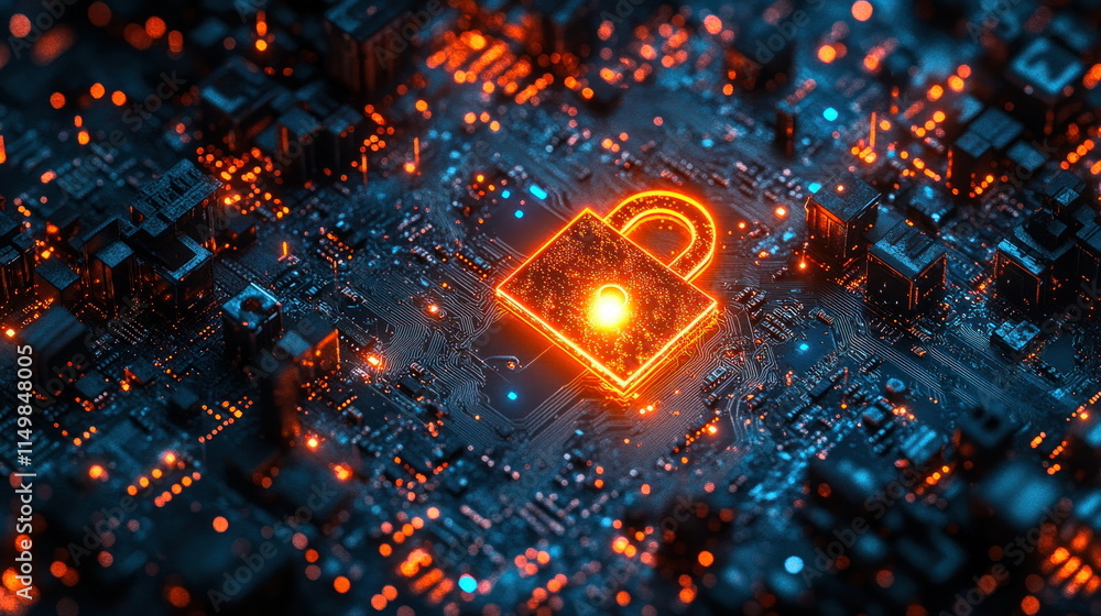 Aufkleber Cyber Security: Digital Lock on Circuit Board.