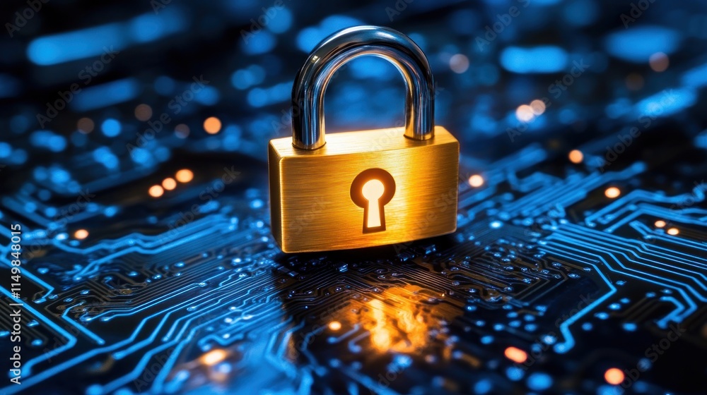 Aufkleber cyber security: padlock on circuit board.