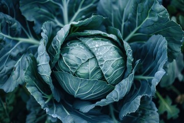 Fototapeta premium Close up of a vibrant green cabbage head growing in a garden, its leaves covered with glistening dew drops