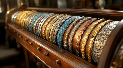 Naklejka premium Ornate Gold and Silver Bracelets Display Wooden Box - Jewelry Illustration