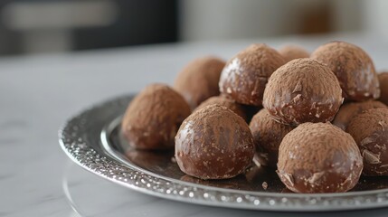 Detailed view of homemade chocolate truffles served on a silver platter