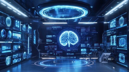 Obraz premium Futuristic Brain Research Laboratory Interior with Digital Interfaces
