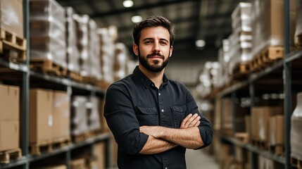 A man stands with his arms crossed against the background of a fully stocked warehouse.