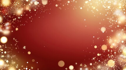 Red background with golden bokeh lights and sparkles.