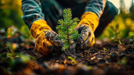 Gardener wearing protective gloves carefully planting a young seedling in soil, emphasizing sustainable practices and care for the environment.