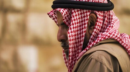 A dignified Saudi Arabian man in traditional dress, with a poised and confident stance, reflecting the deep-rooted cultural heritage of the region.