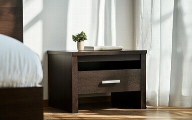 Dark wood bedside table with a single drawer and elegant modern decor in a bright room