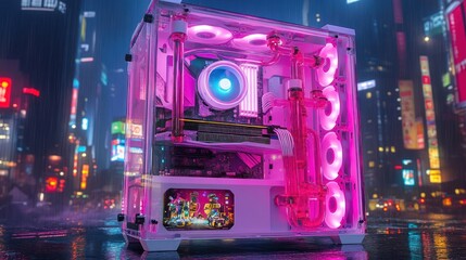 Fototapeta premium Pink custom PC build with liquid cooling in cyberpunk city.