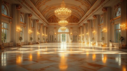 Obraz premium Grand palace hall, ornate gold, gleaming floor.