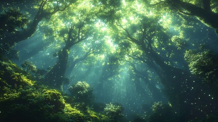 Obraz premium Magical Forest Sunlight, Trees, and Glowing Particles