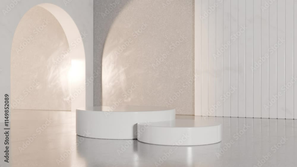 Poster 3d rendering image of round podiums for product presentation in studio