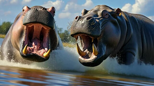 Two hippos are fighting in the water. One of them has a mouth full of teeth. The other one is trying to bite the first one