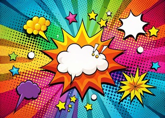 Naklejka premium Vibrant Abstract Pop Art Background with Speech Bubbles, Dots, and Starbursts - Right-Aligned Design