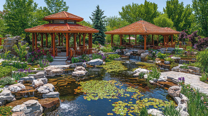 Obraz premium Two wooden gazebos in a landscaped garden with a pond and waterfalls.