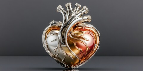 A stylized, metallic heart sculpture with intricate details and colors.