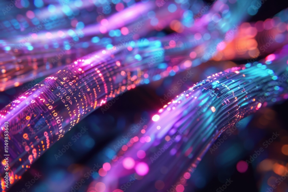 Aufkleber fiber optic cables transmitting binary code in a vibrant, colorful network represent modern technolo