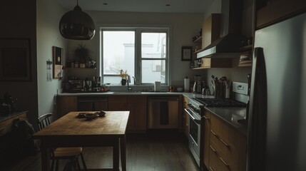 Modern kitchen interior with wooden cabinets, stainless steel appliances, and a wooden table.