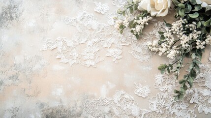Fototapeta premium Elegant beige background with white lace and roses.