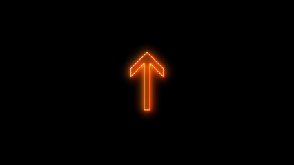 Direction arrow up neon light glowing sign icon orange color 4k illustration. Black background 4k illustration.