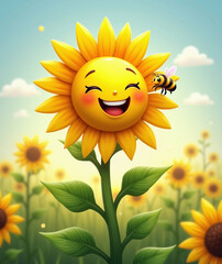 A happy sunflower with a bee friend.