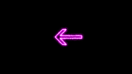 Direction arrow left neon light glowing sign icon magenta color 4k illustration. Black background 4k illustration.