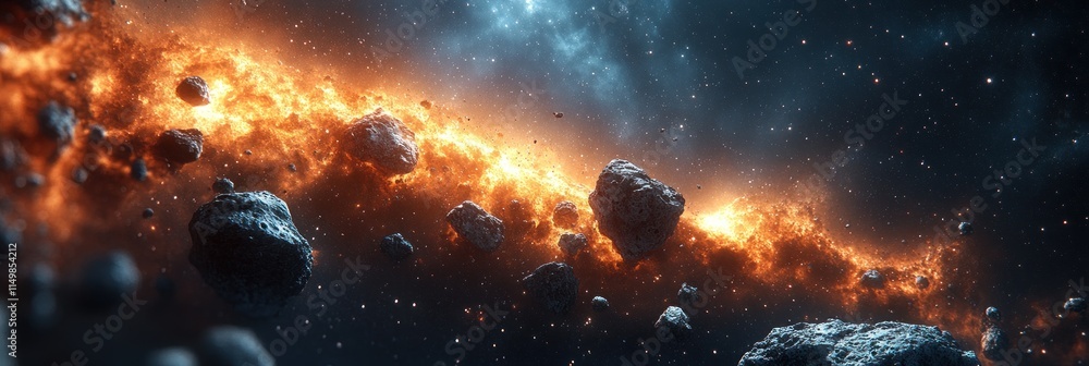 Poster fiery asteroid field in deep space.