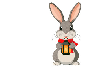 Obraz premium Cute rabbit holding lantern, wearing red scarf, perfect for festive themes