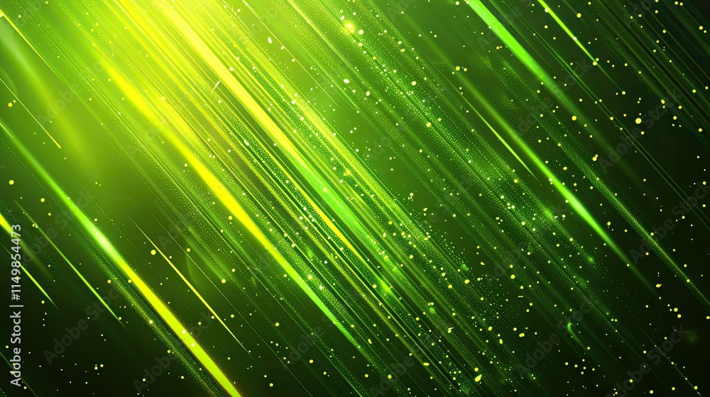 Poster a vibrant green abstract background with streaks of light and sparkling particles.