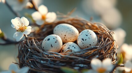 Obraz premium Bird nest with speckled eggs among spring blossoms. Delicate, natural, and perfect for Easter, spring, and wildlife themes. Soft, serene scene.