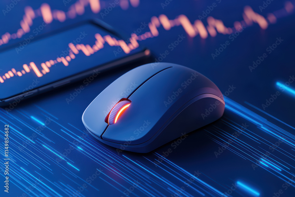 Poster close up of modern computer mouse on digital background with data visualization. sleek design and gl